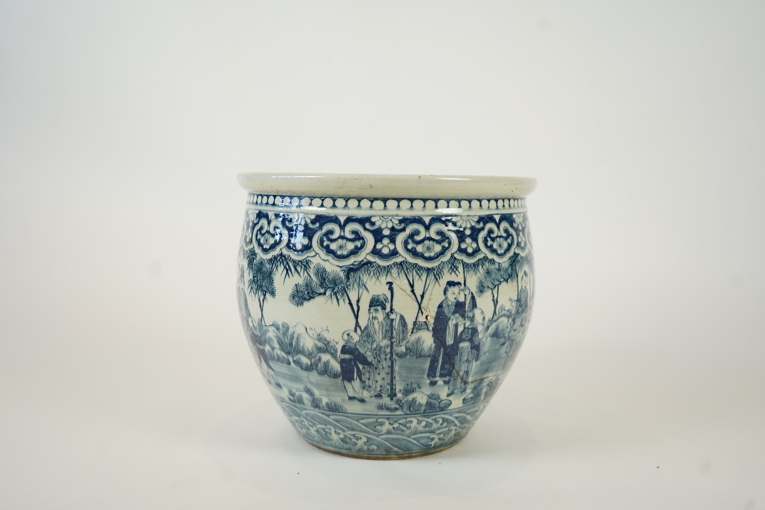 A large Chinese blue and white ‘sages’ fish bowl, early 20th century
